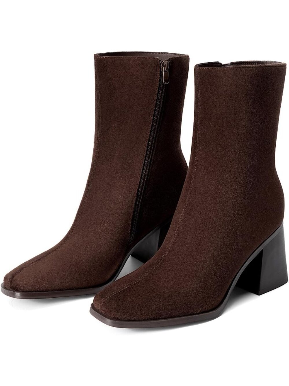 Women's Brown Faux Leather Side Zipper Square Toe Ankle Block Heel Booties